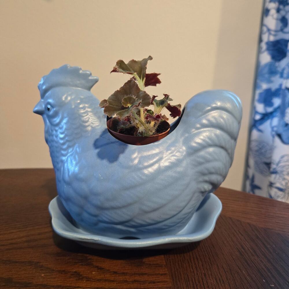 Beautiful Vintage Blue Ceramic Chicken Planter